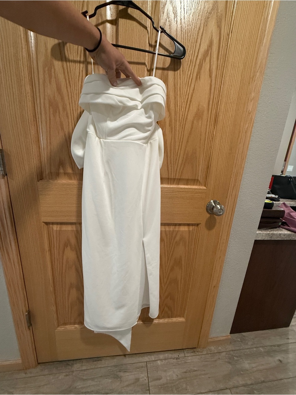 Strapless White Midi Dress with Front Slit